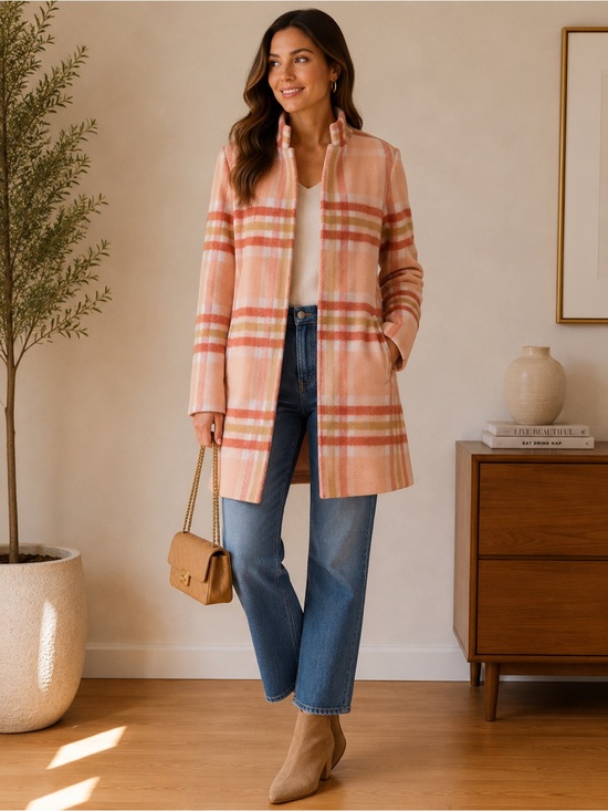 Elle Jackets & Blazers - Elle Pink Plaid Stand-Collar Pea Coat. Size Medium